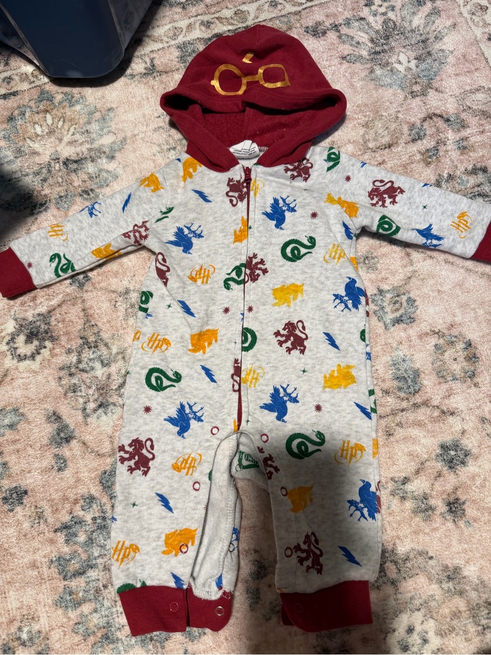 Kids Hooded One-Piece with Multicolor Magical Crest Print - Burgundy Hood